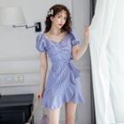 Plaid Puff-sleeve Ruffle Hem Mini A-line Dress