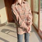 Balloon-sleeve Napped Plaid Shirt Pink - One Size