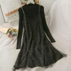 Set: Mock-neck Knit Top + Glitter Sleeveless Midi Dress Black - One Size
