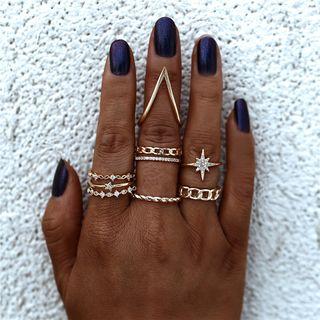 Set Of 6: Rhinestone Star Alloy Ring (assorted Designs) Set Of 6 - Gold - One Size