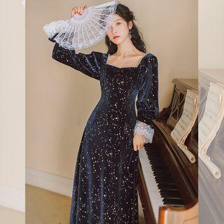 Lace-cuff Star Print Velvet Midi A-line Dress