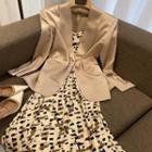 Spaghetti Strap Print Midi A-line Dress / Plain Blazer / Set
