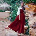 Set: Plain 3/4 Sleeve Chiffon Top + Pinafore Wide Leg Jumpsuit