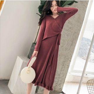 V-neck Long-sleeve Knit Midi Dress