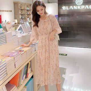 Set: Floral 3/4-sleeve Midi Chiffon Dress + Slipderss