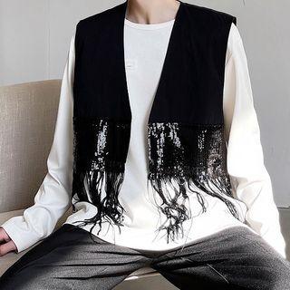 Sequined Accent Vest Black - One Size