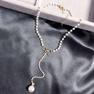 Faux Pearl Alloy Bow Y Necklace Gold - One Size