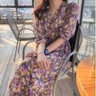 Long-sleeve Floral Print Midi Dress Purple - One Size