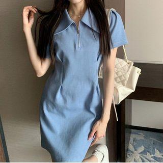 Short-sleeve Plain Half-zip Dress