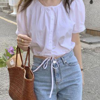 Puff-sleeve Drawstring-hem Cropped Blouse White - One Size