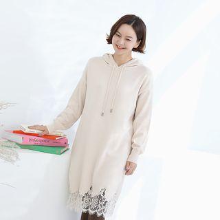 Lace-hem Midi Knit Hoodie Dress