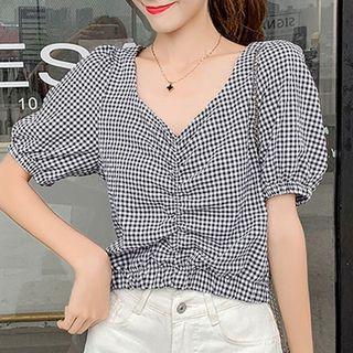 Short-sleeve Crinkled Gingham Chiffon Top