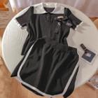 Set: Short-sleeve Polo Shirt + A-line Skirt Set - Black - One Size