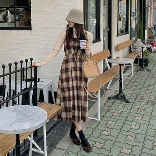 Button-detail Plaid Long Overall Dress