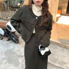 Button-up Jacket / Side-slit Midi Pencil Skirt