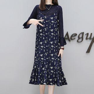Set: Long-sleeve Top + Spaghetti Strap Floral Print A-line Midi Dress
