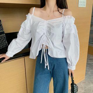 Long-sleeve Spaghetti-strap Drawstring Blouse White - One Size