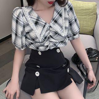 Short-sleeve Plaid Blouse / Mini A-line Skort