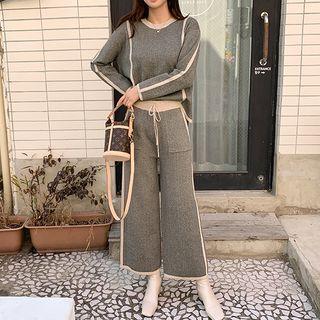 Set: Piped Dip-back Knit Top + Wide-leg Pants