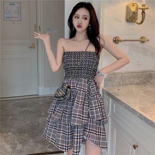 Off Shoulder Midi Plaid Dress As Shown In Figure - One Size