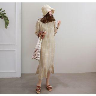 Puff-shoulder Plaid Long Dress