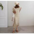 Puff-shoulder Plaid Long Dress