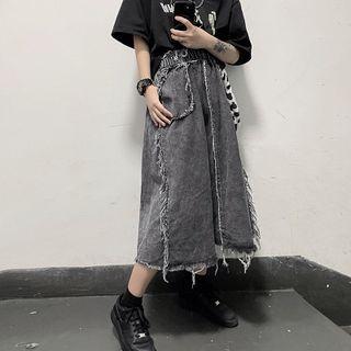 Frayed Trim Denim Midi A-line Skirt