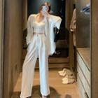 Long-sleeve Striped Shirt / Spaghetti Strap Crop Top / Dress Pants