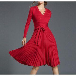 Long-sleeve Accordion Pleated Knit Dress