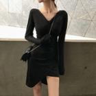 V-neck Long-sleeve Asymmetric Hem Sheath Dress