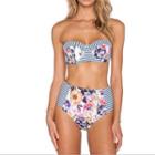 Floral Print Striped Strapless Bikini