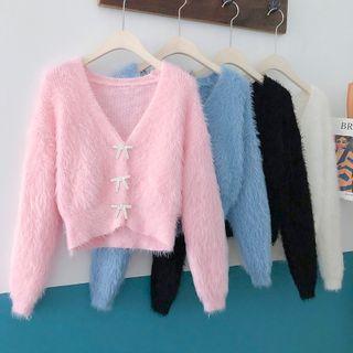 Rhinestone Bow Fluffy Cardigan