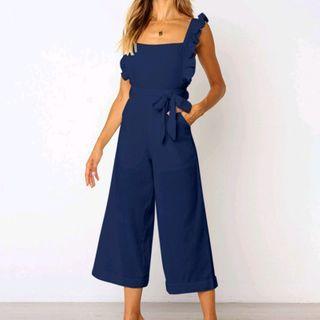 Ruffle Trim Spaghetti Strap Cropped Jumpsuit