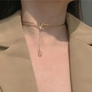 Butterfly Droplet Pendant Alloy Choker 1 Pc - Butterfly Droplet Pendant Alloy Choker - Gold - One Size