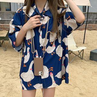 Elbow-sleeve Duck Print Shirt