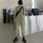 Short-sleeve Cropped Harem Cargo Jumpsuit
