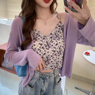 Floral Cropped Camisole Top / Plain Cardigan