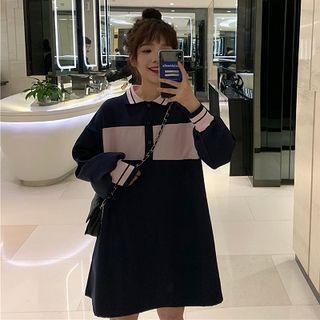 Long-sleeve Colored Panel Polo Shirt Dress As Shown In Figure - One Size