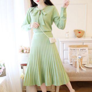 Set: Lace-up Knit Plain Top + Pleated Skirt