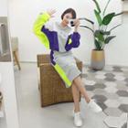 Tall Size Neon-panel Pullover & Skirt Set Gray - Xl