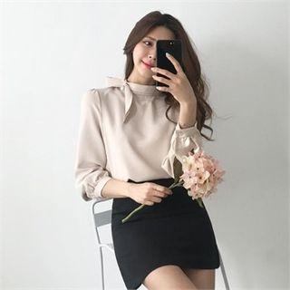 Stand-collar Puff-shoulder Chiffon Blouse