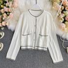 Contrast-trim Long-sleeve Cardigan With Front Pocket White - One Size