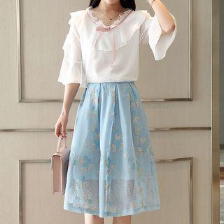 Set: Elbow-sleeve Top + Embroidered A-line Skirt