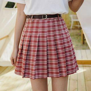 Plaid Mini A-line Pleated Skirt With Belt