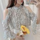 Bell Sleeve Cold Shoulder Floral Print Chiffon Top