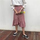 Ruffle-hem Buttoned Plaid Midi Skirt