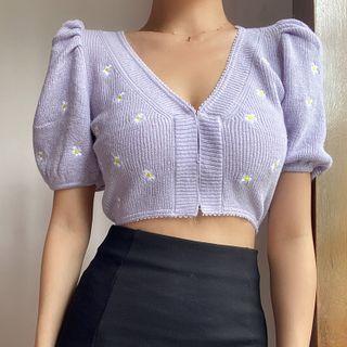 Puff-sleeve Embroidered Cropped Cardigan / Camisole Top