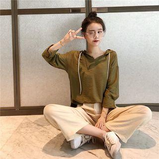 Plain Long-sleeve Loose-fit Hooded Top / High-waist Wide-leg Pants