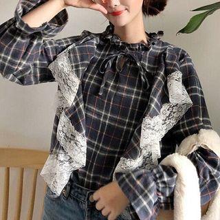 Long-sleeve Lace-trim Plaid Top