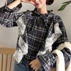 Long-sleeve Lace-trim Plaid Top